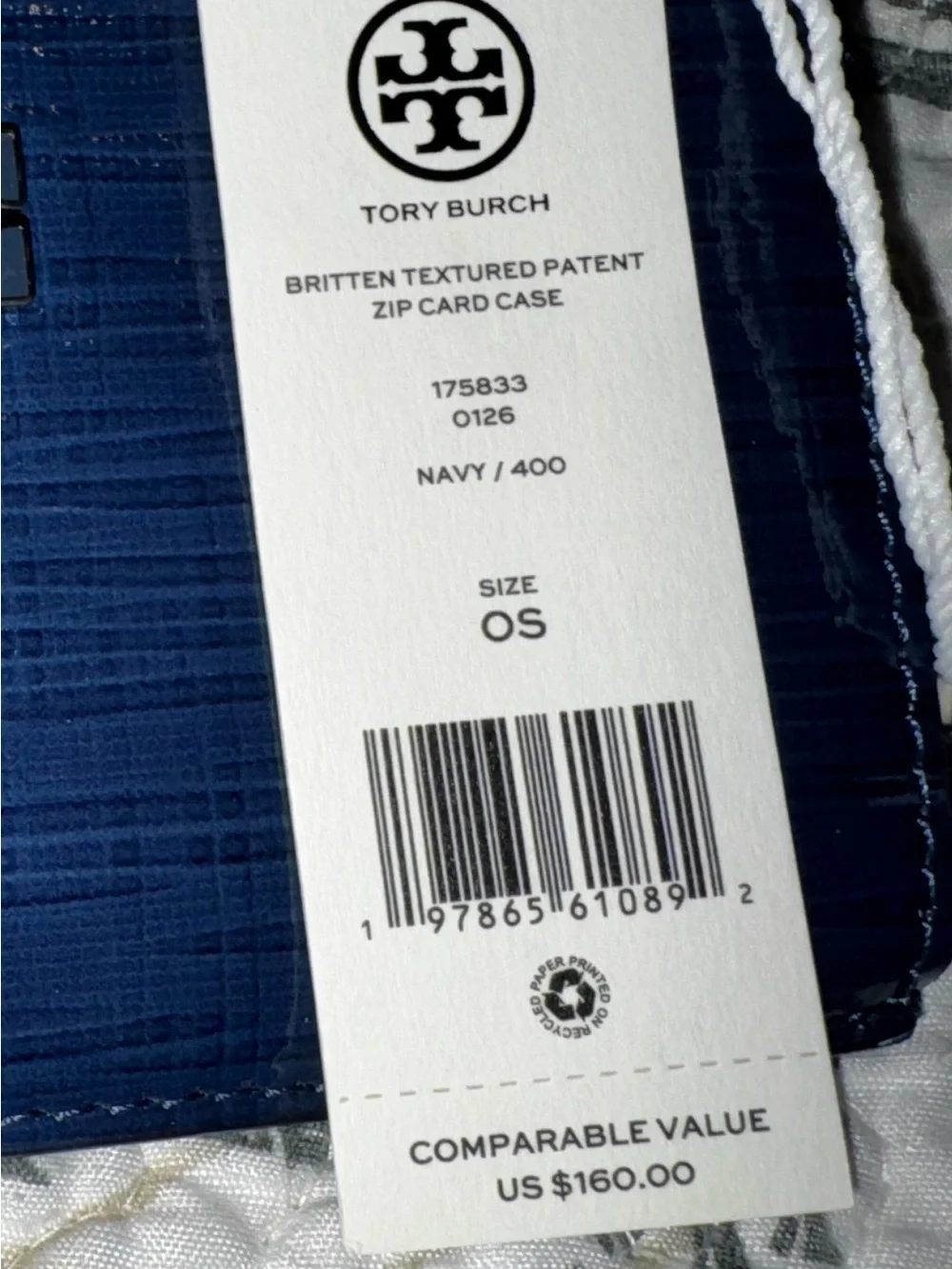 Tory Burch Britten Textured Patent Zip Card Case Navy (MSRP $